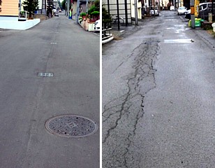 整備された生活道（左）とひび割れした生活道（右）